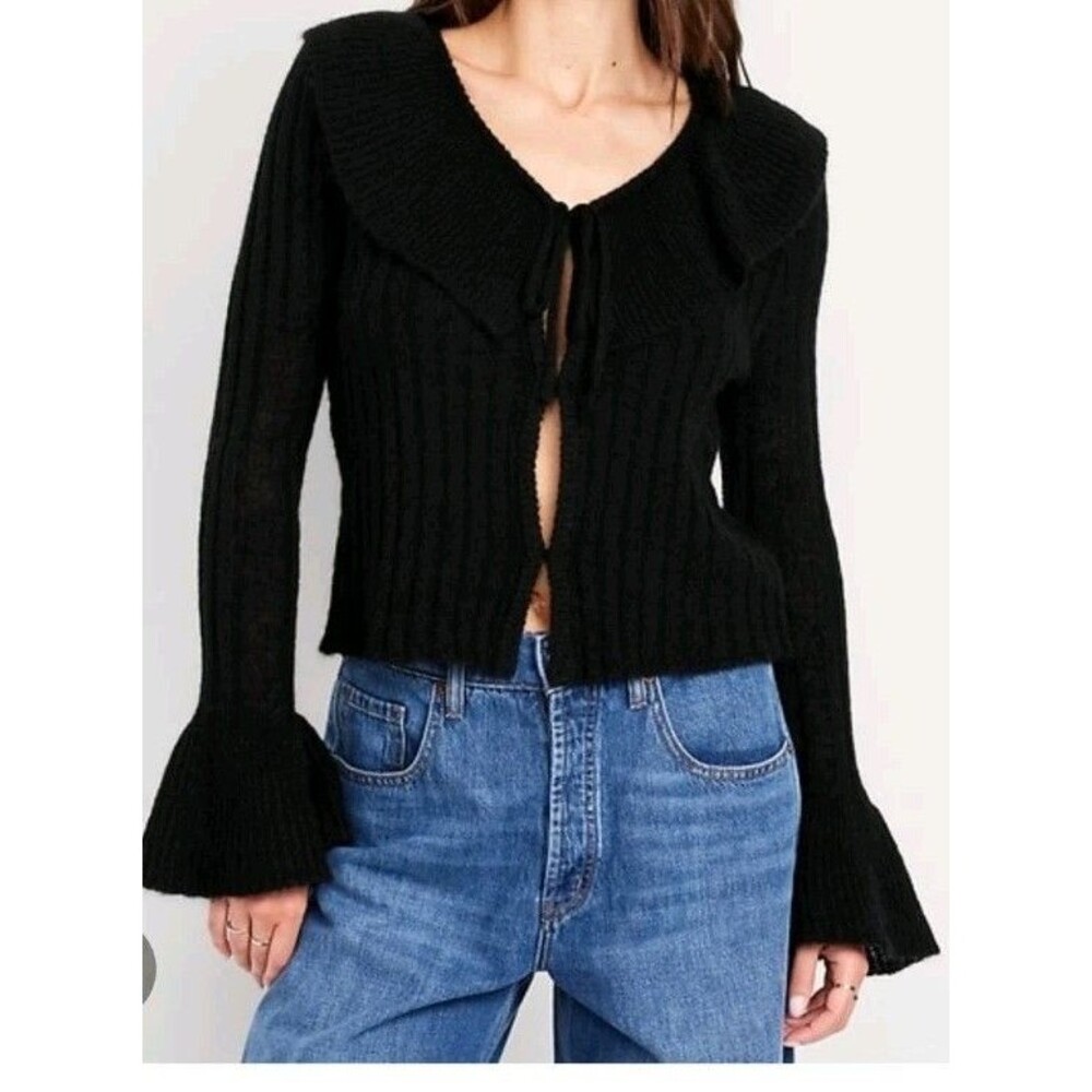 NWT Women's Old Navy Wool Blend Ruffle Tie Front Crop Cardigan Size L A10 Blck